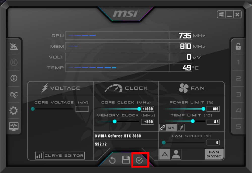 Apply the overclock in MSI afterburner