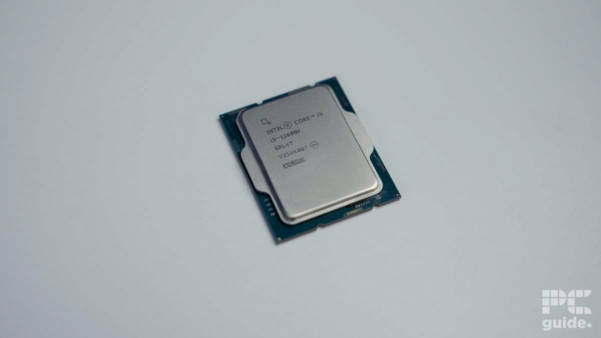An Intel Core i5-12600K processor chip on a plain, light-colored background.