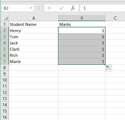 A spreadsheet with a list of names and numbers that uses Autofill in Excel.