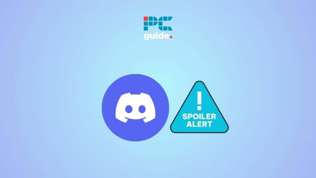 Discord logo with a "spoiler alert" warning sign and spoiler tags on a blue background.