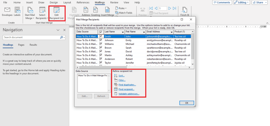 How to create a new document in Microsoft Word for mail merge.