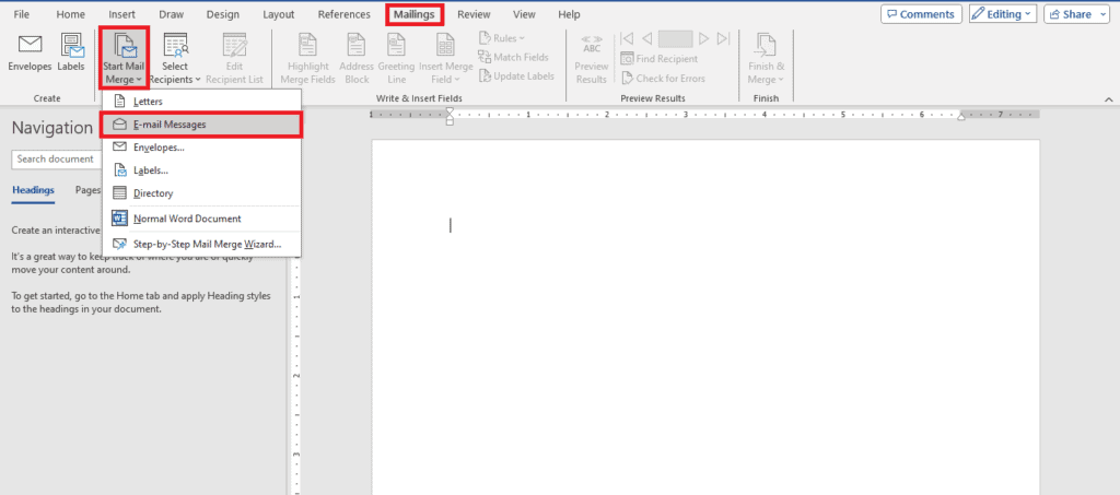 How to create a new document in Microsoft Word using Excel.