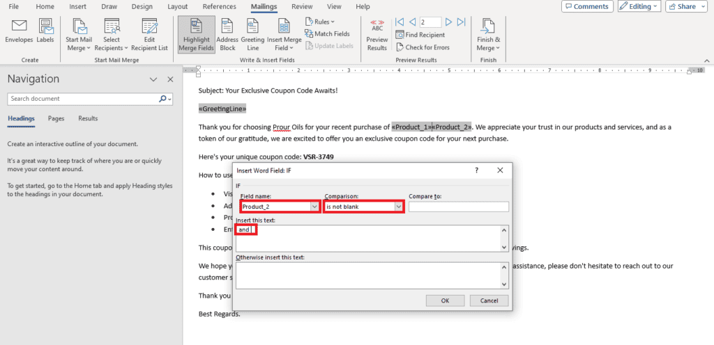 How to add a location to a word document using mail merge and Excel.