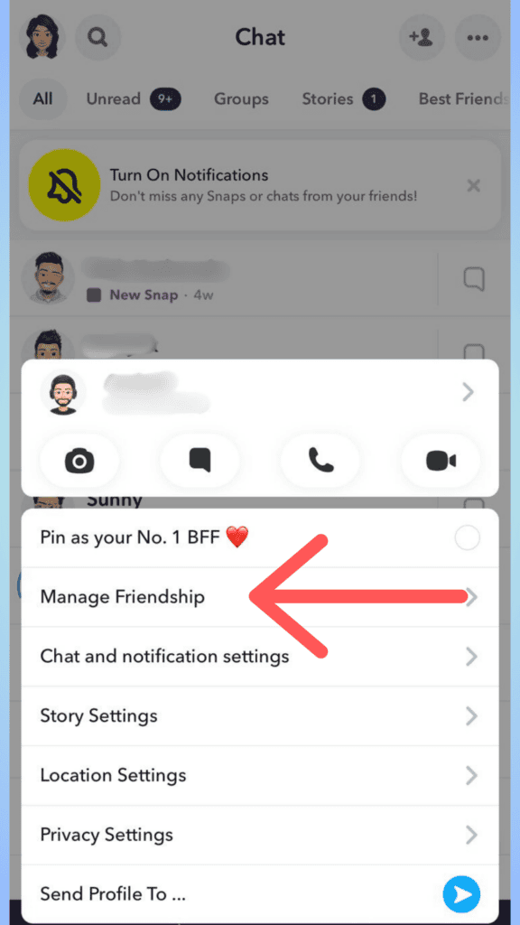 screenshot from snapchat showing manage friendship option