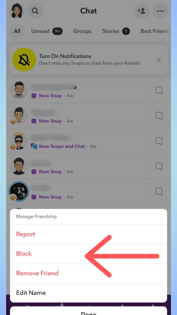Screenshot of a Snapchat menu with options to "manage friendship," including "report," "block," and "unblock," highlighted by a red arrow pointing to "unblock.