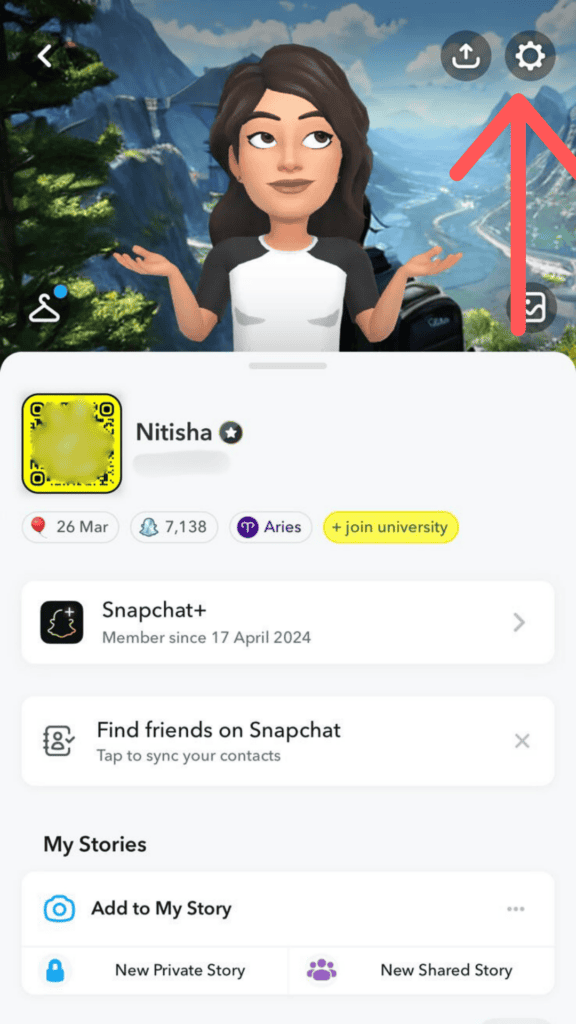 Screenshot of a Snapchat profile featuring an animated female avatar, with interface icons and arrows indicating how to unblock on Snapchat.