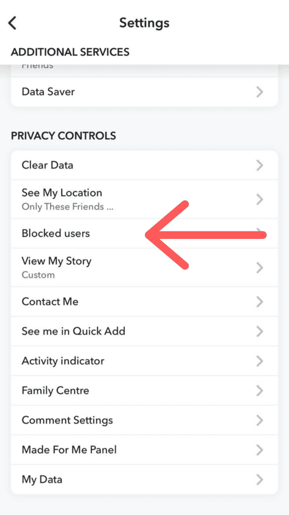 Screenshot of settings menu showing blocked users option