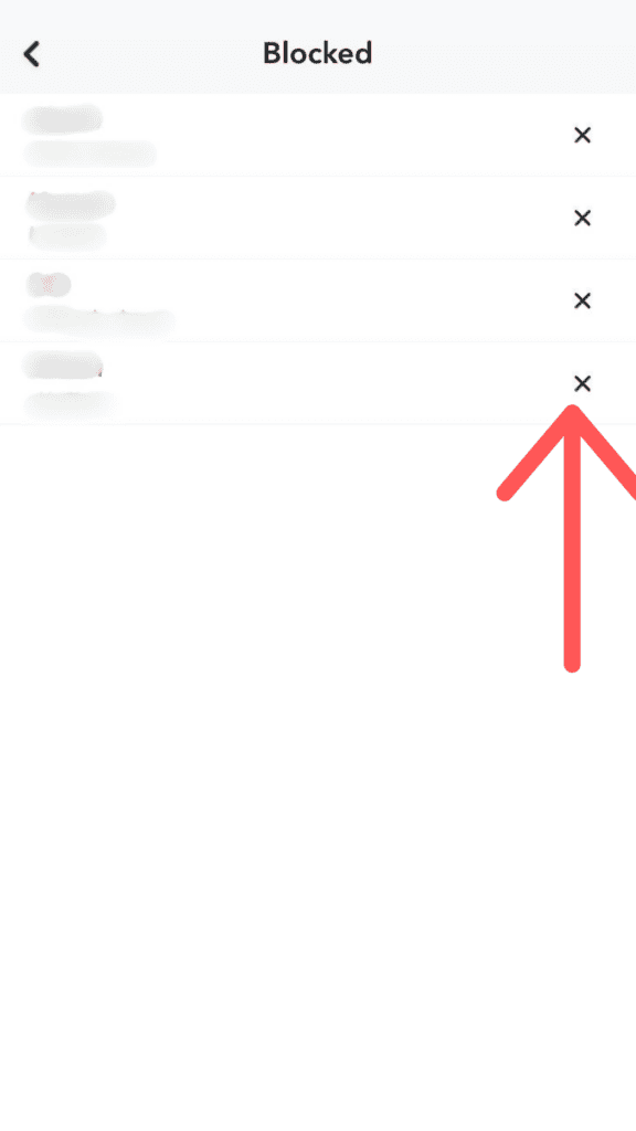 Screenshot of snapchat blocked users indicating 'x'