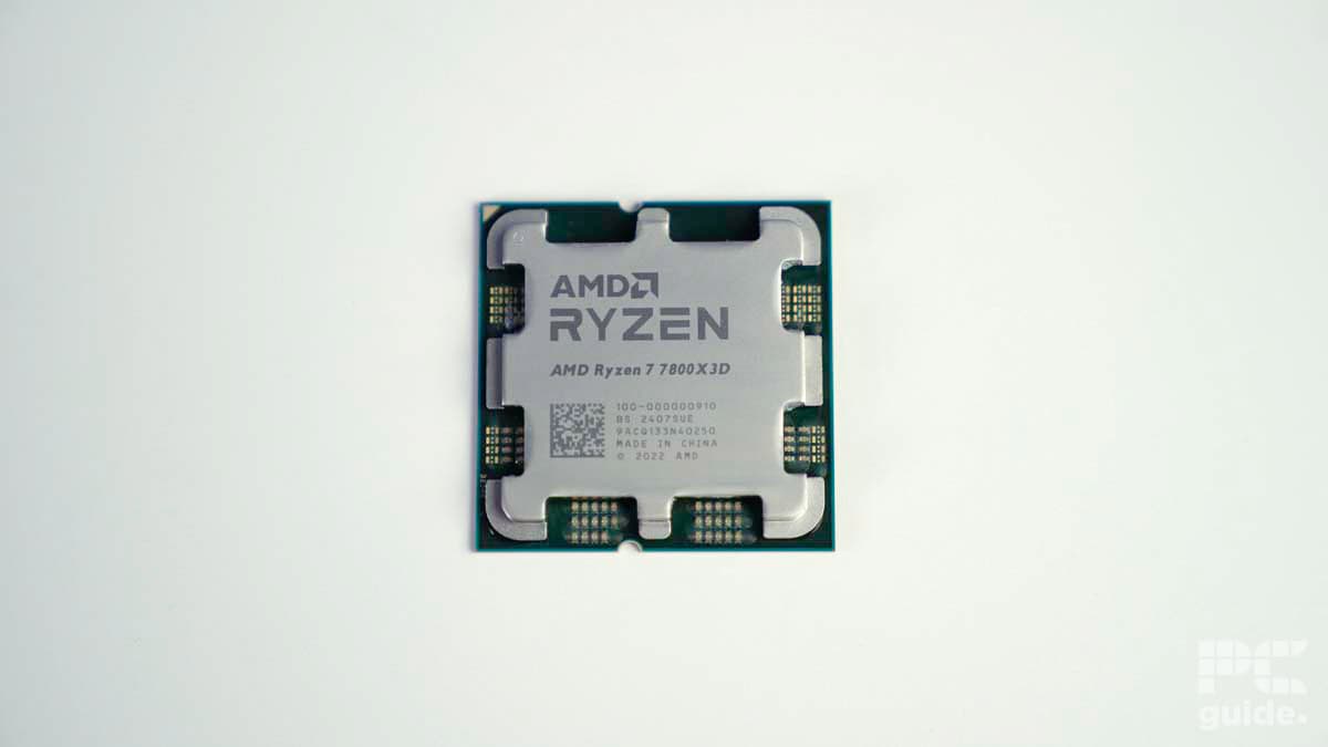 A close-up of an AMD Ryzen 7 7800X3D processor