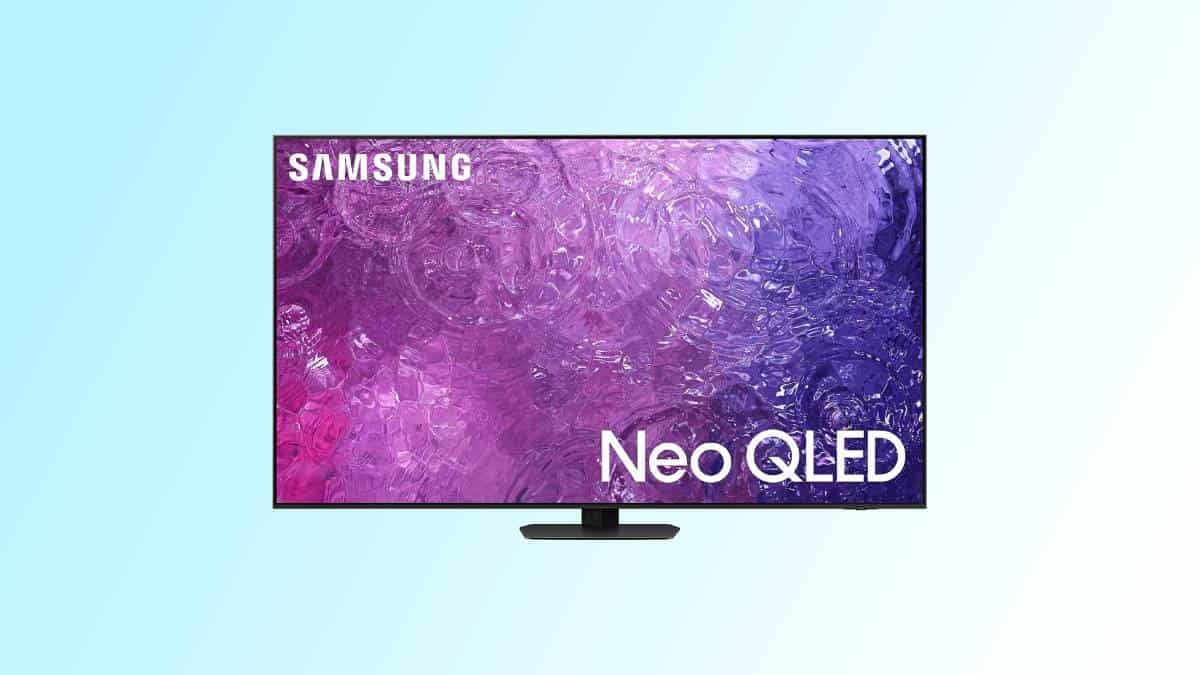 The Samsung Neo QLED TV, known as one of the best TVs for Xbox, is shown on a vibrant blue background.