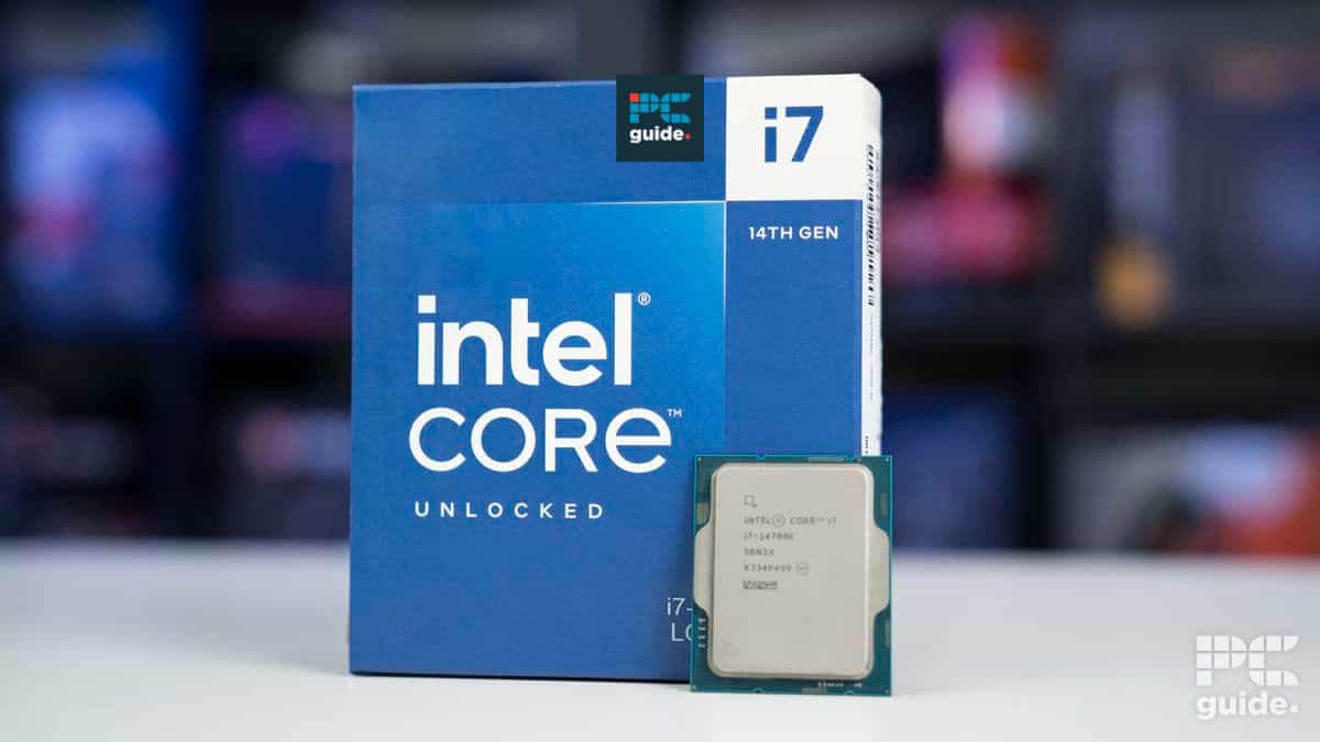 Intel core i7 14th gen, one of the best CPUs for deep learning, with its packaging box on a blurred background.