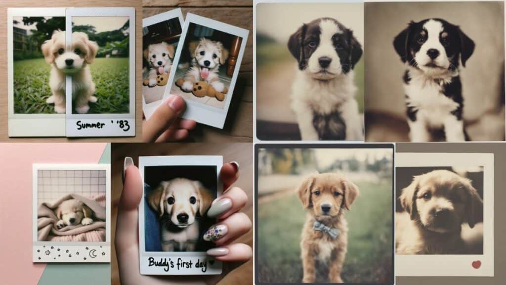A collection of pictures of dogs and a person holding a polaroid transformed using DALL-E 3.