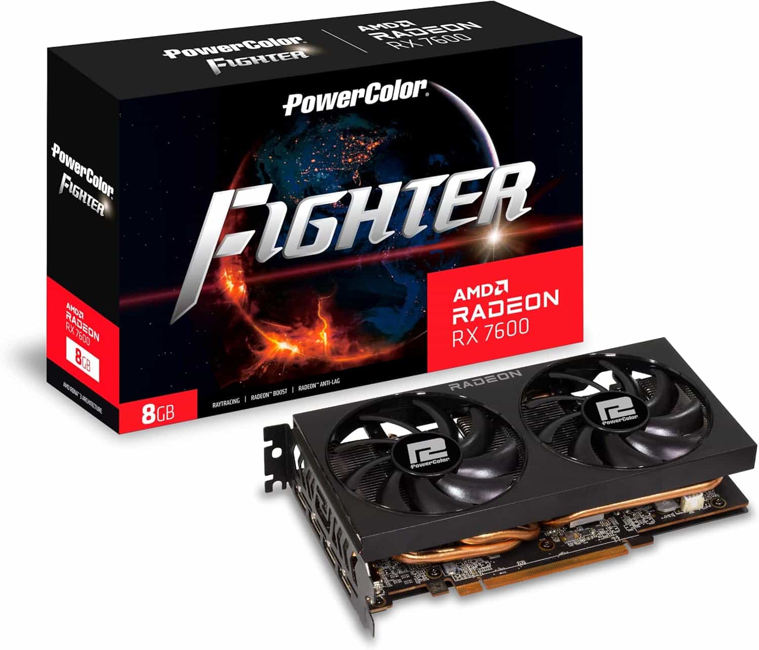 PowerColor Fighter GPU with AMD Radeon RX 7600 model displayed next to its box featuring cosmic-themed graphics.