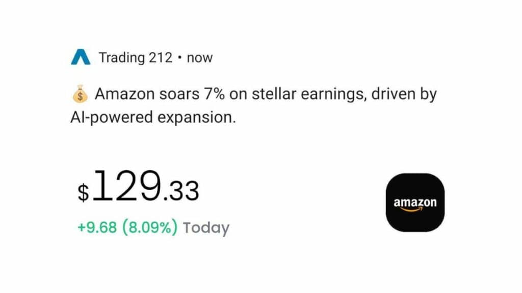 "Amazon share price soars" via Trading 212, with AI-powered expansion driving corporate growth for Amazon.