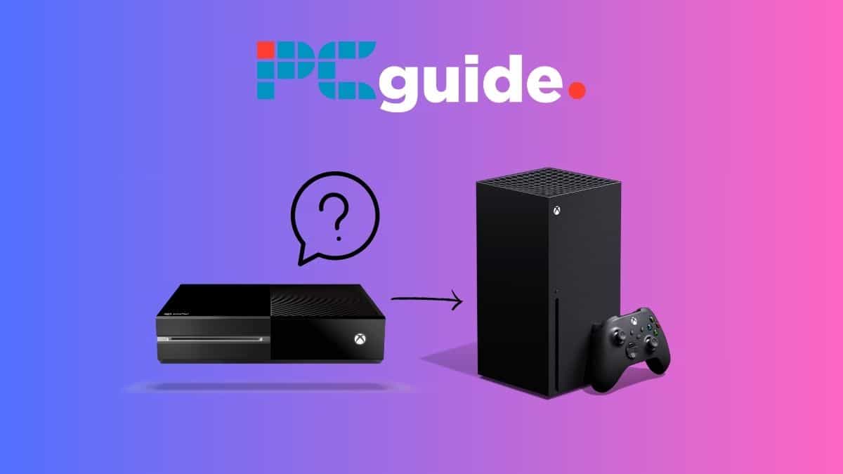 Xbox One games on Xbox Series X: A comprehensive PCWer for Xbox enthusiasts. Image shows the Xbox One and Xbox Series X underneath the PCWer logo, on a purple pink gradient background.