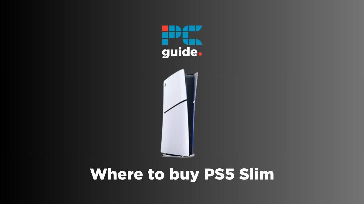 Image shows the text "where to buy PS5 Slim" underneath the PS5 Slim and the PCWer logo on a black background.
