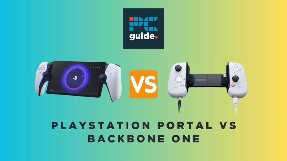 Playstation Portal vs Backbone: A comparison of two gaming platforms. Image shows the text "Playstation Portal vs Backbone One" underneath the Portal and Backbone One controllers, on a blue yellow gradient background.