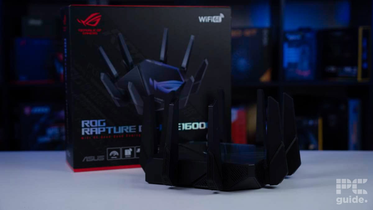ROG RAPTURE GT-AXE16000 Wifi 6E Router in front of box, Image by PCWer