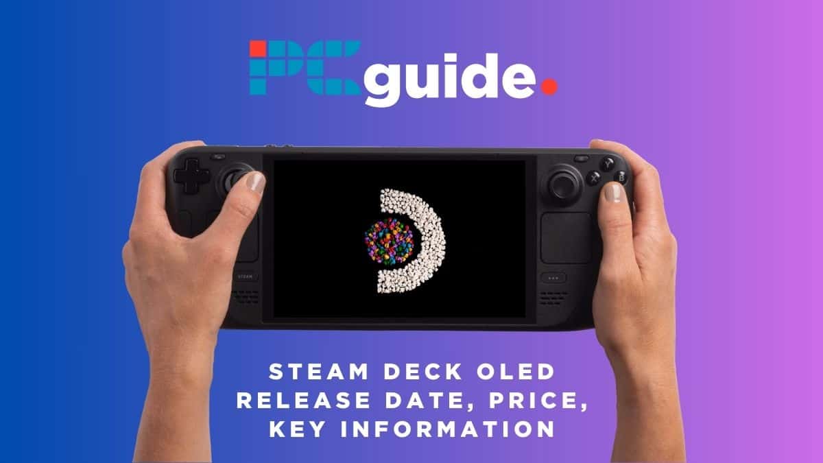Image shows the text "Steam Deck OLED release date, price, key information" underneath two hands holding a Steam Deck OLED and the PCWer logo, on a purple background.