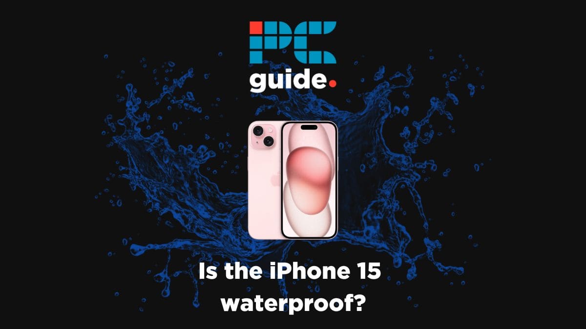 Are the latest iPhone models waterproof? Image shows an iPhone 15 surrounded by water, with the PCWer logo, on a black background.