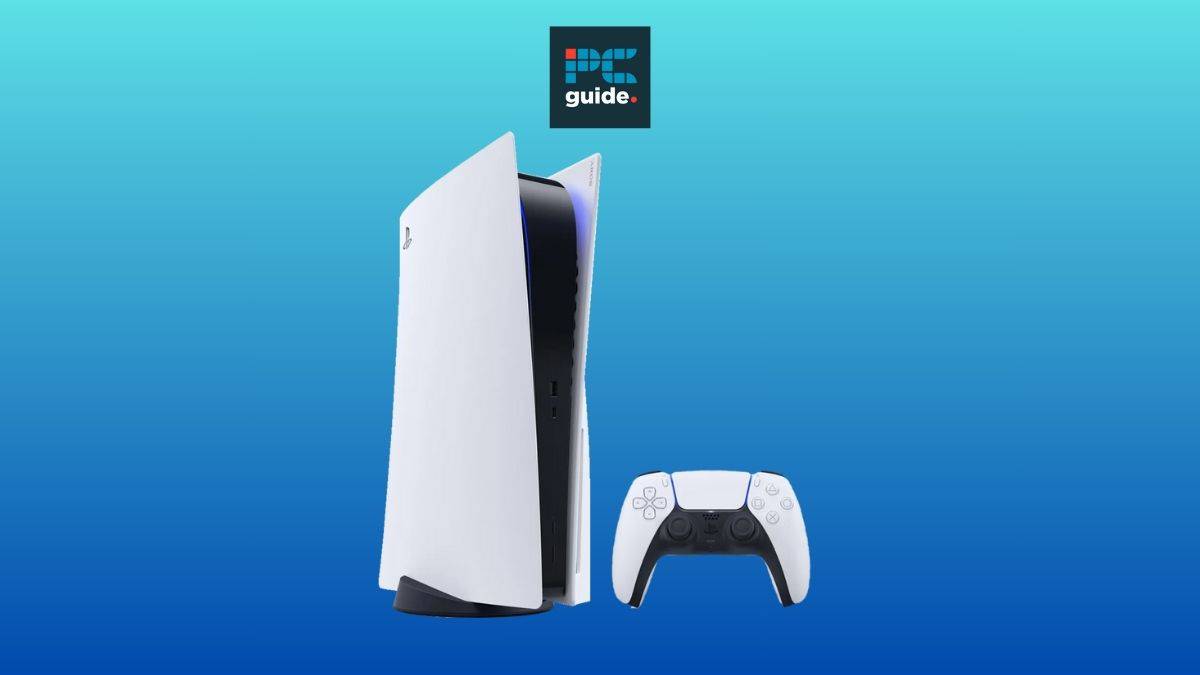 A white gaming console and controller can be used to play a variety of games on a PS5. Image shows the PS5 on a blue background below the PCWer logo