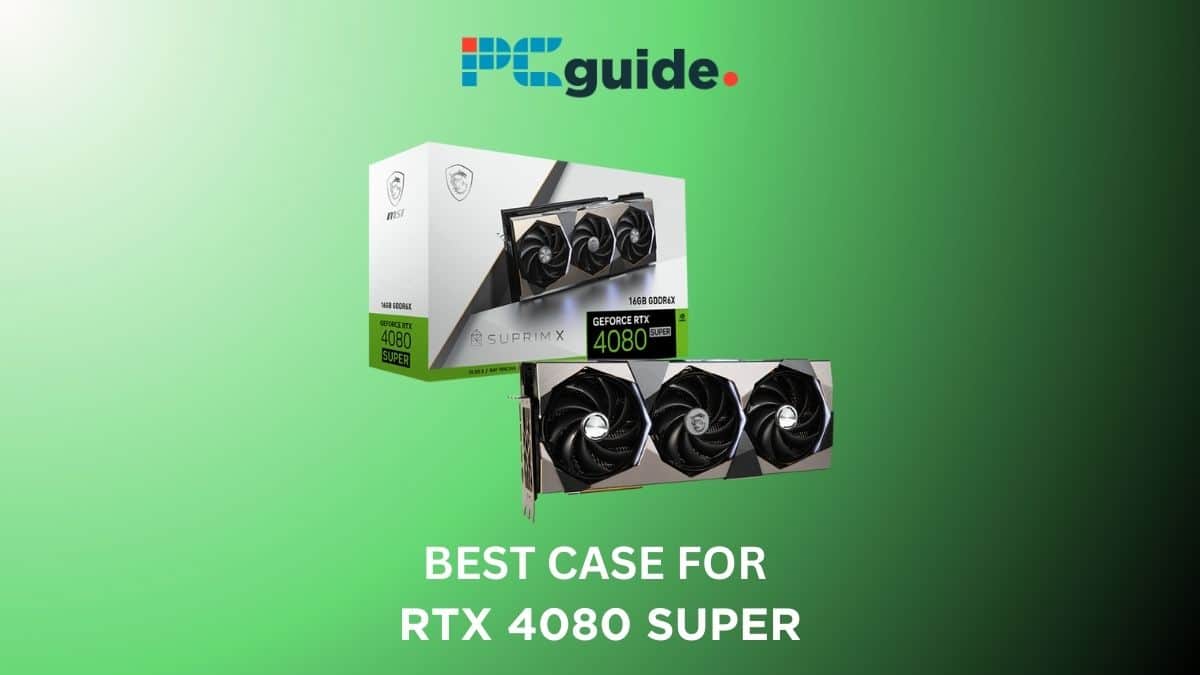 The best case for the RTX 4080 Super. IMAge shows the RTX 4080 super on a greeen background below the PCWer logo