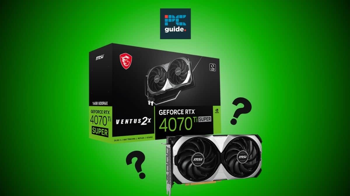 Comparing the Msi GeForce RTX 480 to the RTX 480, focusing on their performance and features. Image shows the RTc 4070 Ti Super below the PCWer logo on a green background