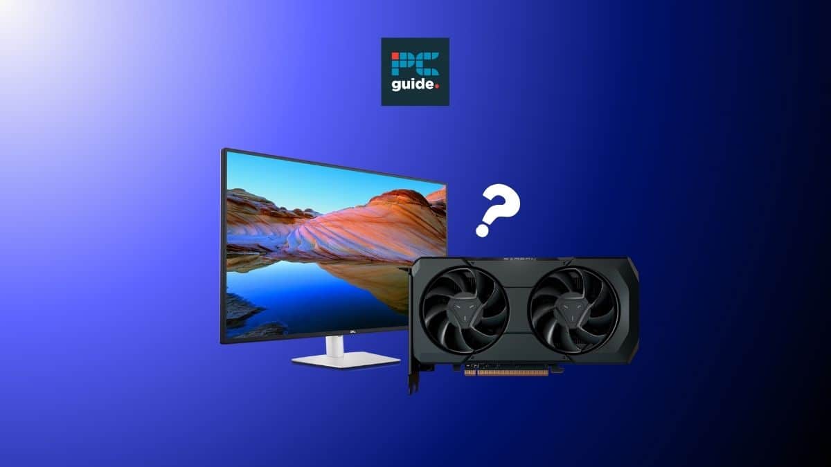 A gaming monitor with a question mark on it. Image shows RX 7600 XT and a DELL monitor on a blue background under the PCWer logo