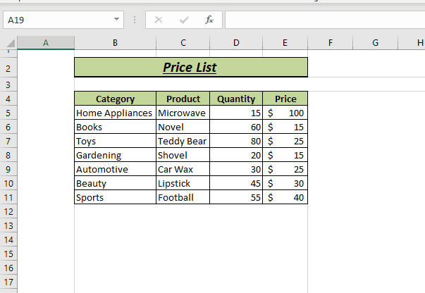 An example of a price list in excel featuring VLOOKUP function to match and display prices, with possibility of encountering #N/A error.
