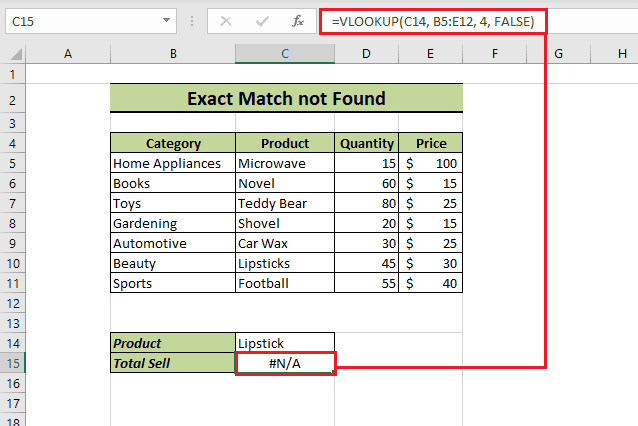 An example of a spreadsheet with a #N/A error in the VLOOKUP function indicating match not found.