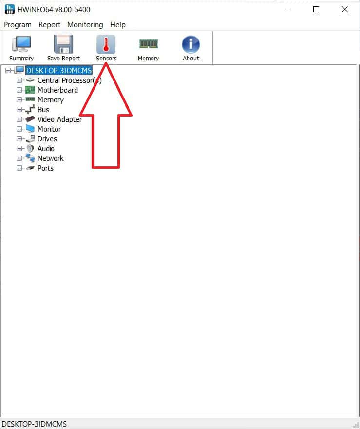 Screenshot of hwinfo64 software displaying system information with a red arrow pointing at the "GPU temperature" section in the sidebar menu.