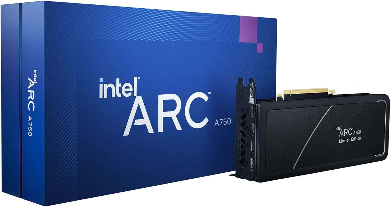 Intel Arc A750 Limited Edition 8GB graphics card alongside its packaging box.