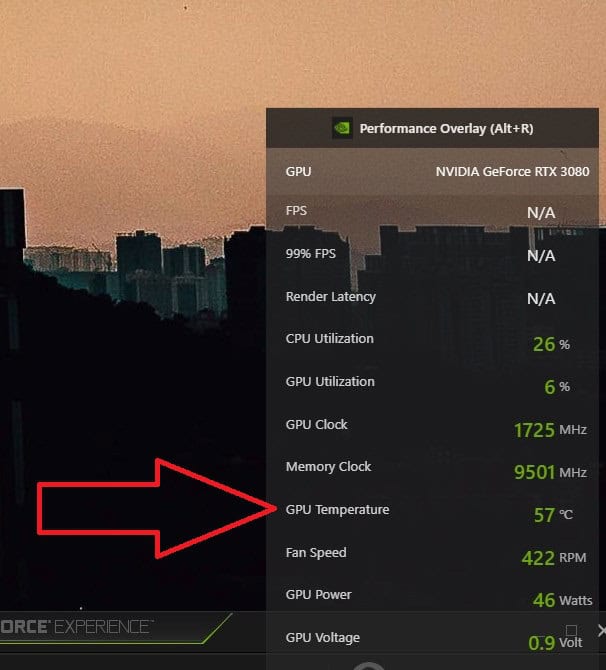 A computer screen displaying an Nvidia GeForce RTX 3080 performance overlay with statistics on cityscape background at sunset shows how to check your GPU temperature.