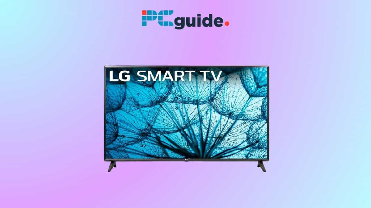 A LG OLED T release smart TV displaying a smart TV guide. IMage shows an LG TV on a purple background below the PCWer logo