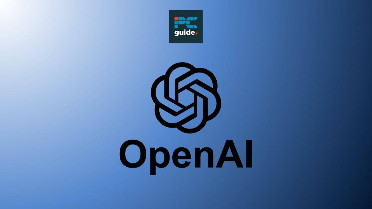 The open ai logo on a blue background. Image shows the OpenAI Logo on a blue background below the PCWer logo
