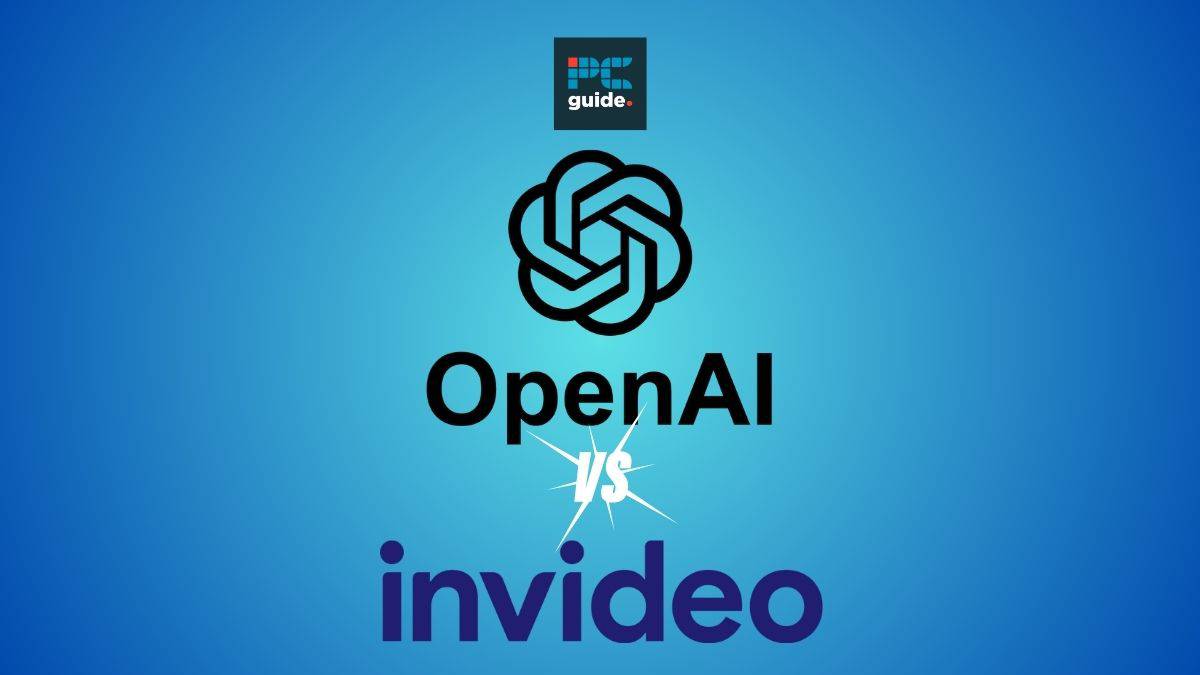 InVideo AI and Sora logos on a blue background, coming out on top. Image shows the InVideo Logo and OpenAI lofo on a blue background below the PCWer logo
