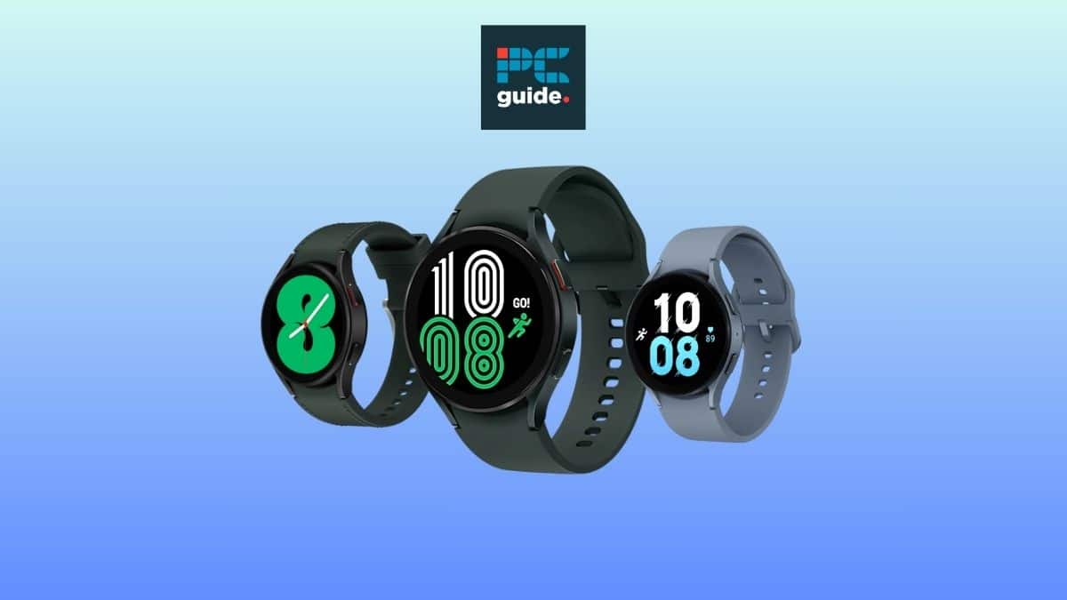 Image of 3 Samsung Galaxy watches on a blue background below the PCWer
