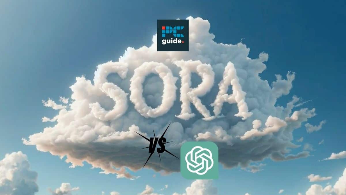 Sora vs ChatGPT - what are the main differences? Image shows the word 'Sora' made out of cloud underneath the PCWer logo.