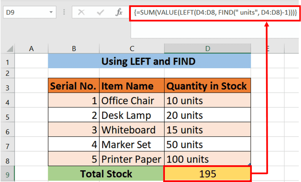 A spreadsheet demonstrating the use of the LEFT and FIND functions in Excel for text manipulation.