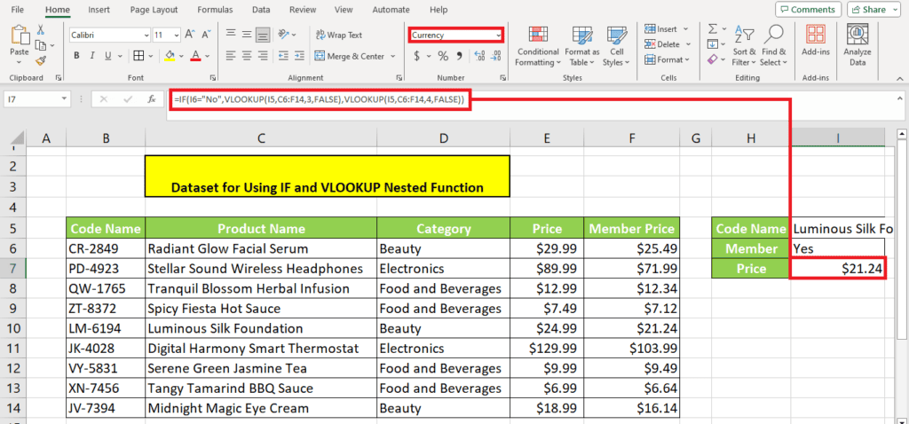 A screenshot of a table in Microsoft Excel with VLOOKUP function implemented.