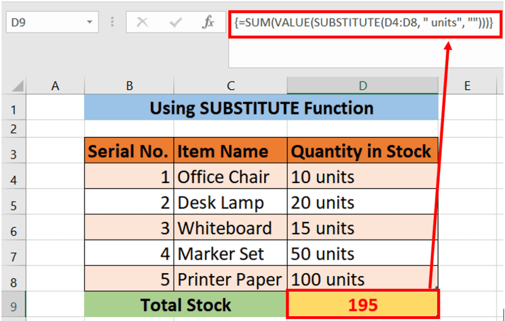 A spreadsheet demonstrating how to use the SUBSTITUTE function in Excel to replace text within cells.