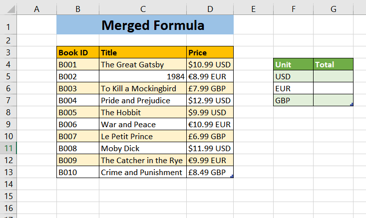 The screenshot shows an Excel spreadsheet with a formula calculating the sum of cells filled with text and numbers.
