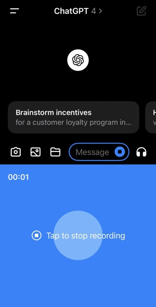 Voice recording interface on a messaging app screen with a blue record button displayed, now featuring that chatgpt can transcribe audio.