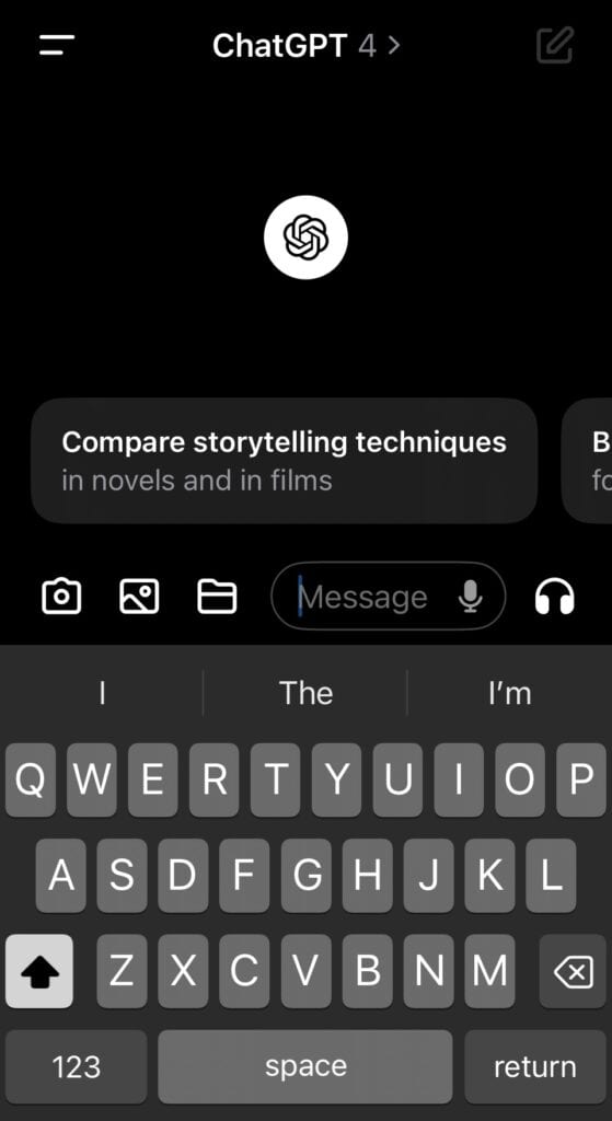 A smartphone screen displaying the chatgpt interface with a dark mode theme, where a user has typed a prompt asking if chatgpt can transcribe audio.