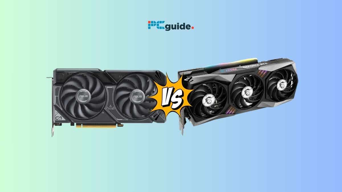 Two different models of graphics cards, the nvidia 3070 and the 4060, facing each other with a "vs" symbol in between, suggesting a comparison or competition.