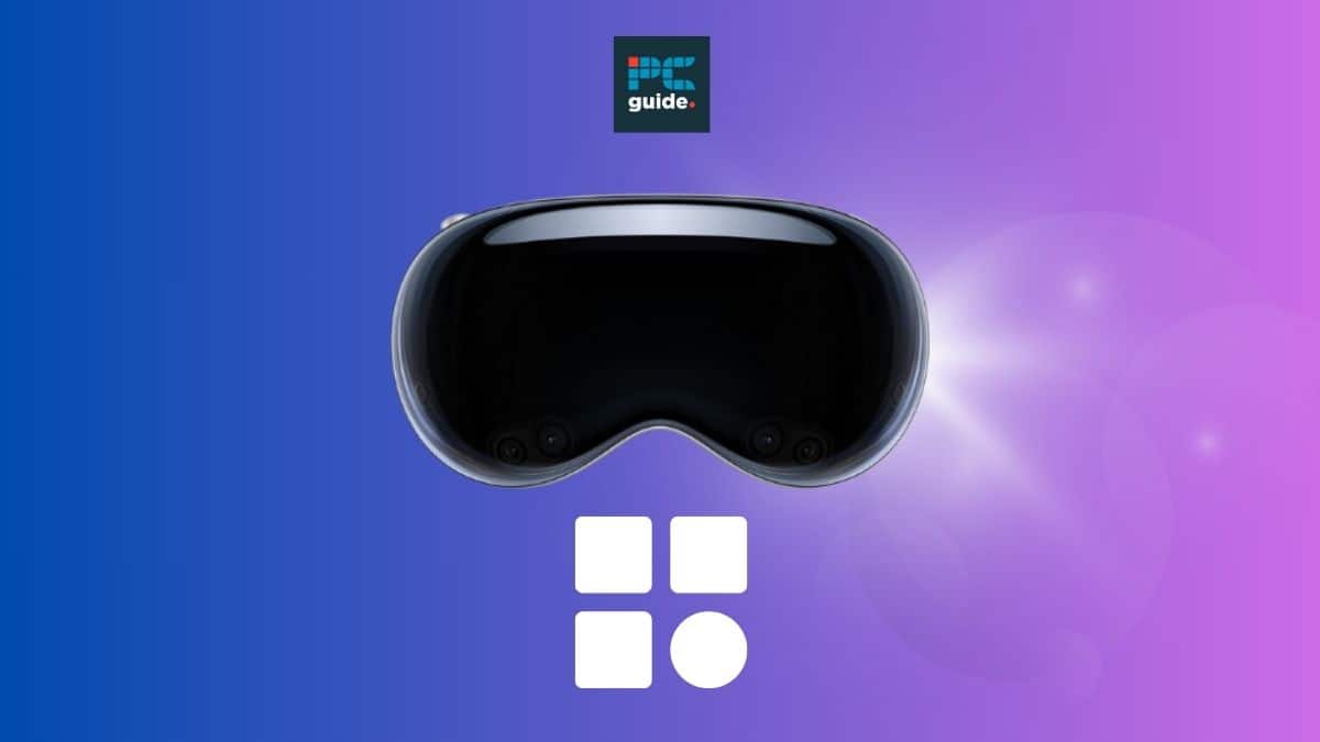 Virtual reality headset floating against a purple gradient background with abstract shapes and icons for a "how to" guide feature. Image shows the Apple Vision Pro on a purple background below the PCWer