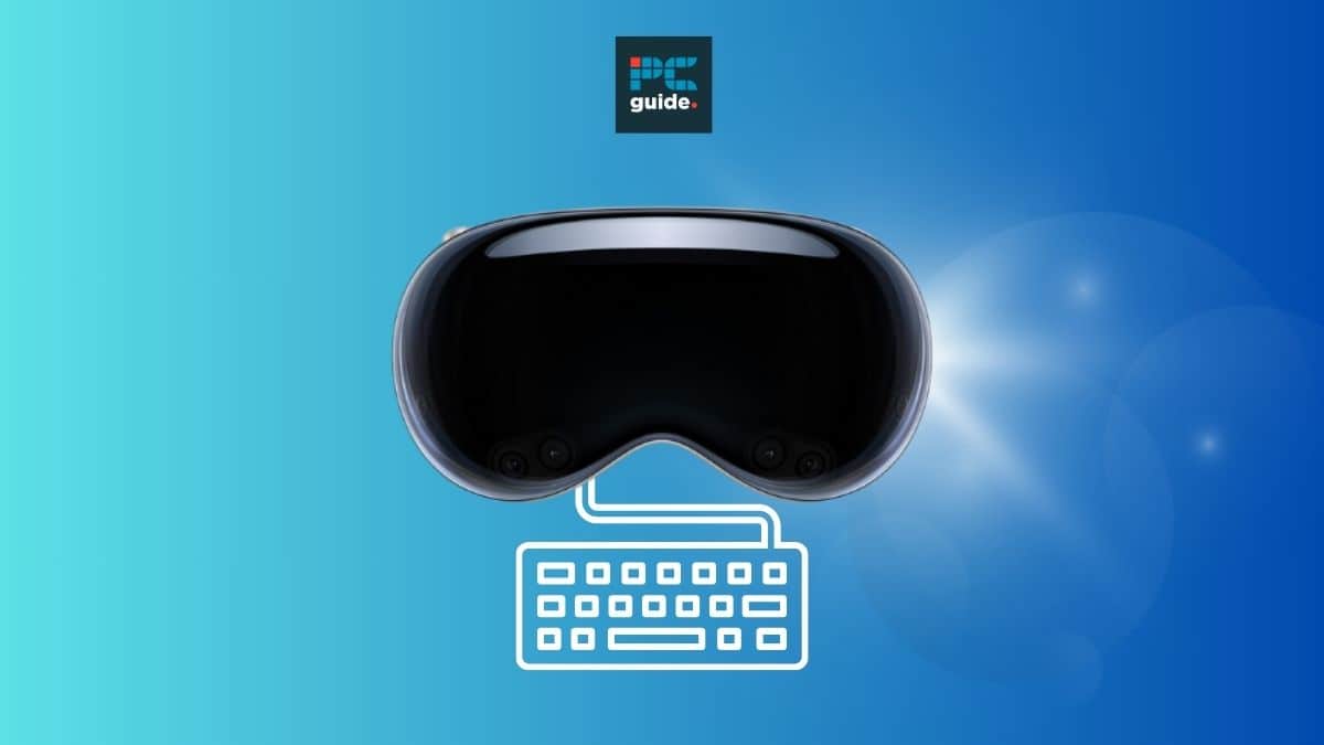 Virtual reality headset with an Apple Vision Pro keyboard on a blue gradient background. Image shows the Vision Pro on a blue background below the PCWer logo
