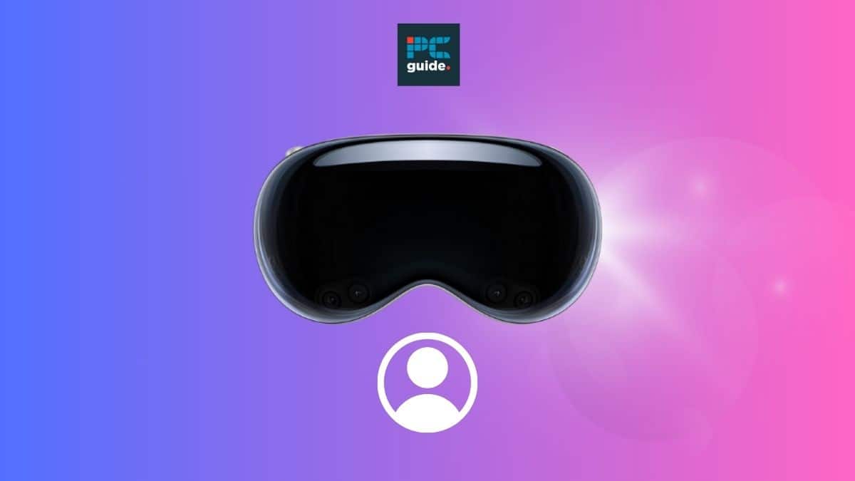 How to create an avatar in the Apple Vision Pro, showcased with a virtual reality headset on a gradient purple and pink background. Image shows the Vision Pro on a pink background below the PCWer logo
