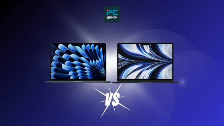 Two Macbook Air M3 laptops displaying vibrant wallpapers compared side by side against a blue background with a "vs" symbol indicating a comparison or face-off with Macbook Pro M2. Image shows the Macbook Air and pro on a Navy background below the PCWer