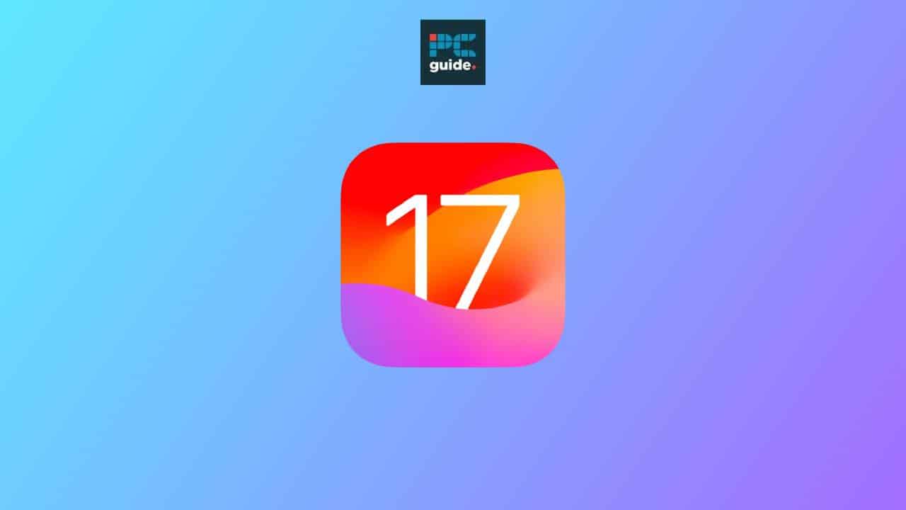 A colorful icon featuring the number 17, set against a gradient blue background with a small 'iOS 17.4 guide' text and icon in the upper left corner.